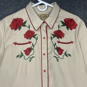 Scully Shirt Womens 2XL Khaki Floral Rose Embroidered Pearl Snap Western Rodeo